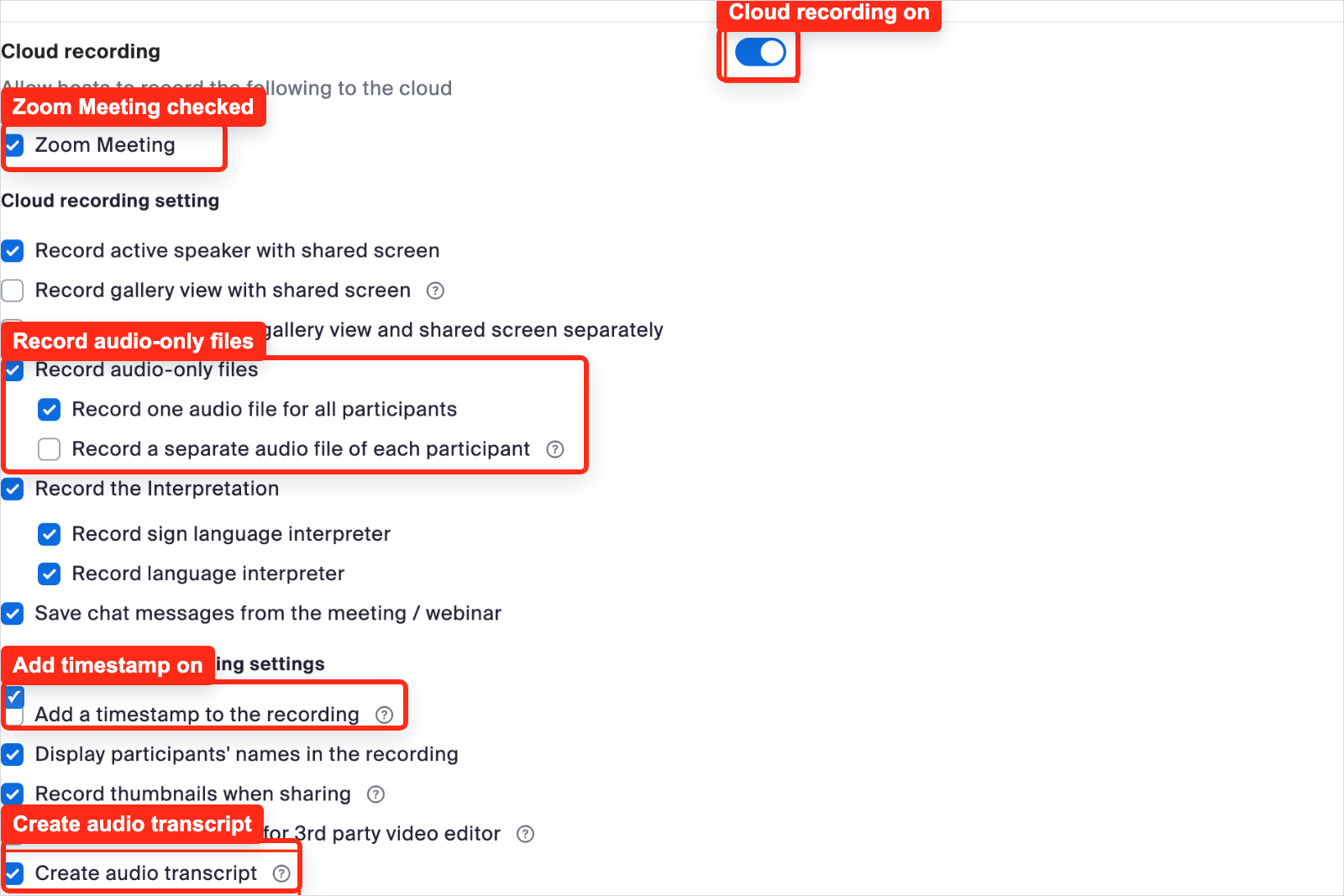 Zoom Recording and Transcript cloud recording settings with Zoom Meeting, audio-only files, Add a timestamp, and Create audio transcript highlighted
