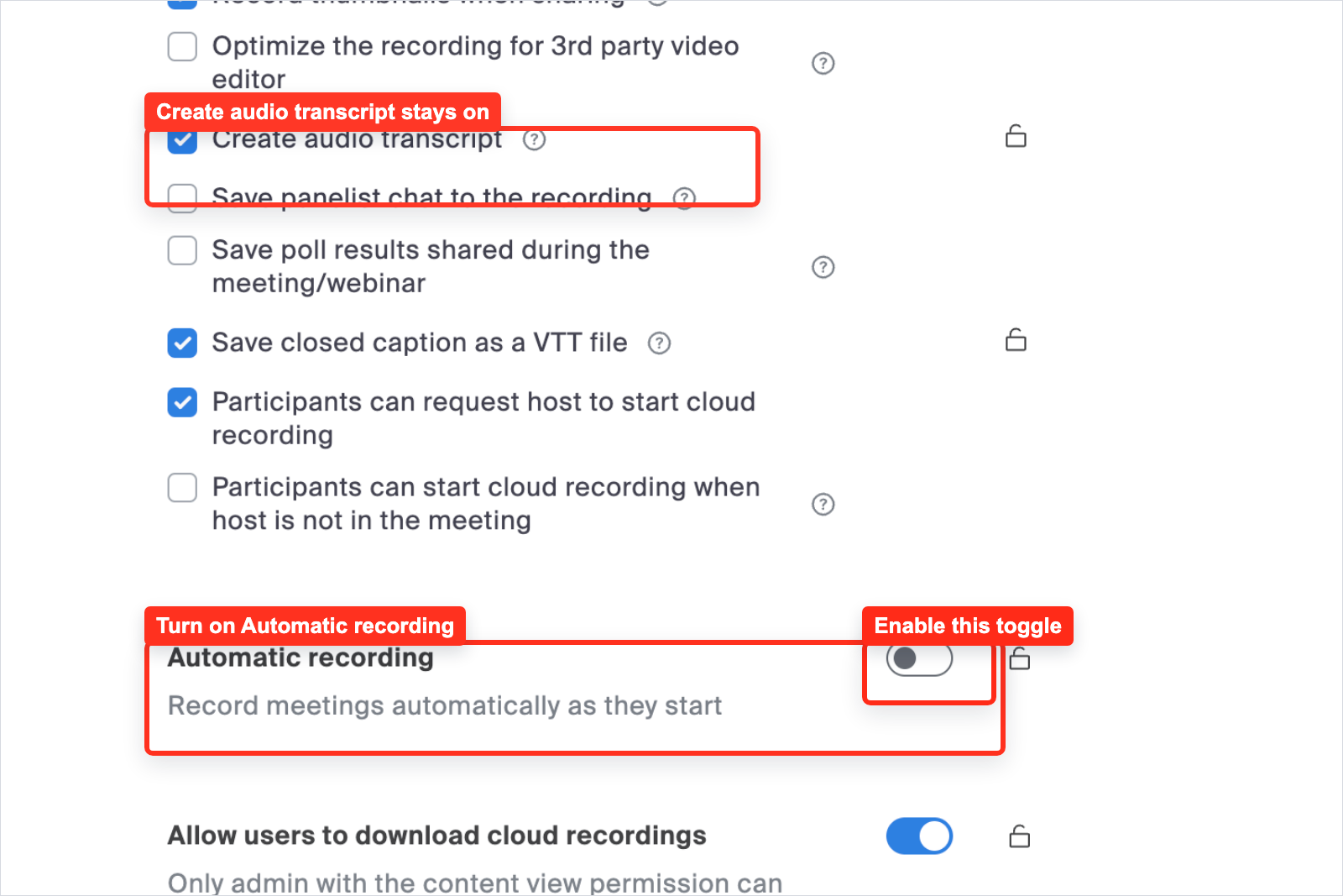 Zoom Recording and Transcript settings with Automatic recording highlighted