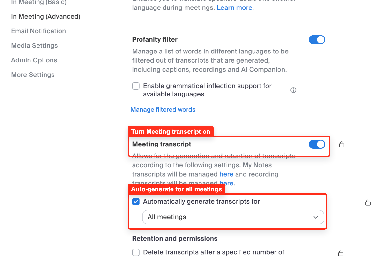 Zoom Meeting settings with Meeting transcript enabled and automatic transcript generation set to all meetings