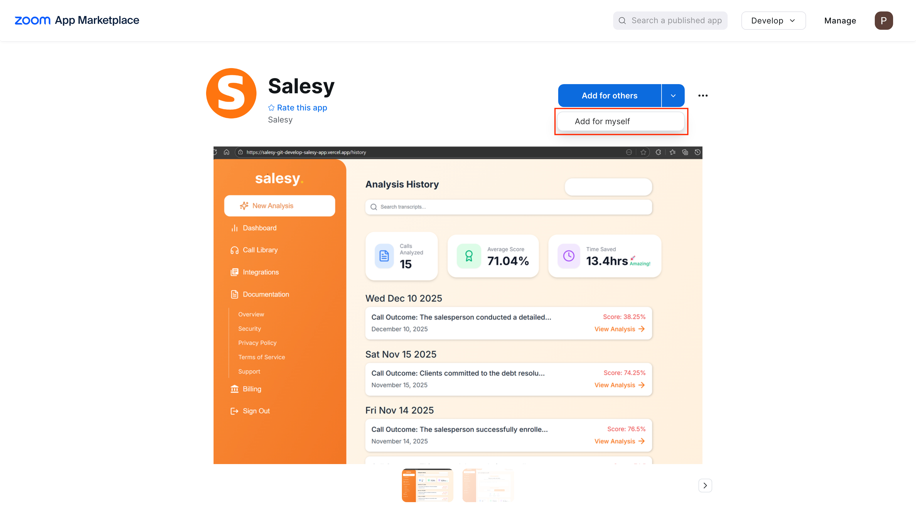 Salesy on the Zoom Marketplace with the Add button highlighted