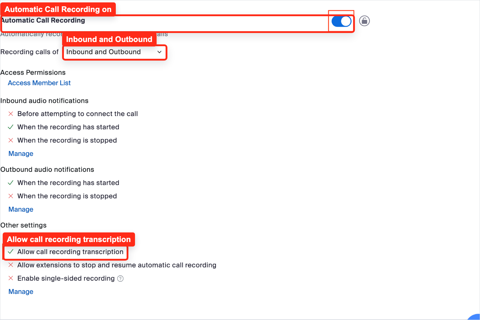 Zoom Phone admin policy with Automatic Call Recording, Inbound and Outbound recording, and Allow call recording transcription highlighted