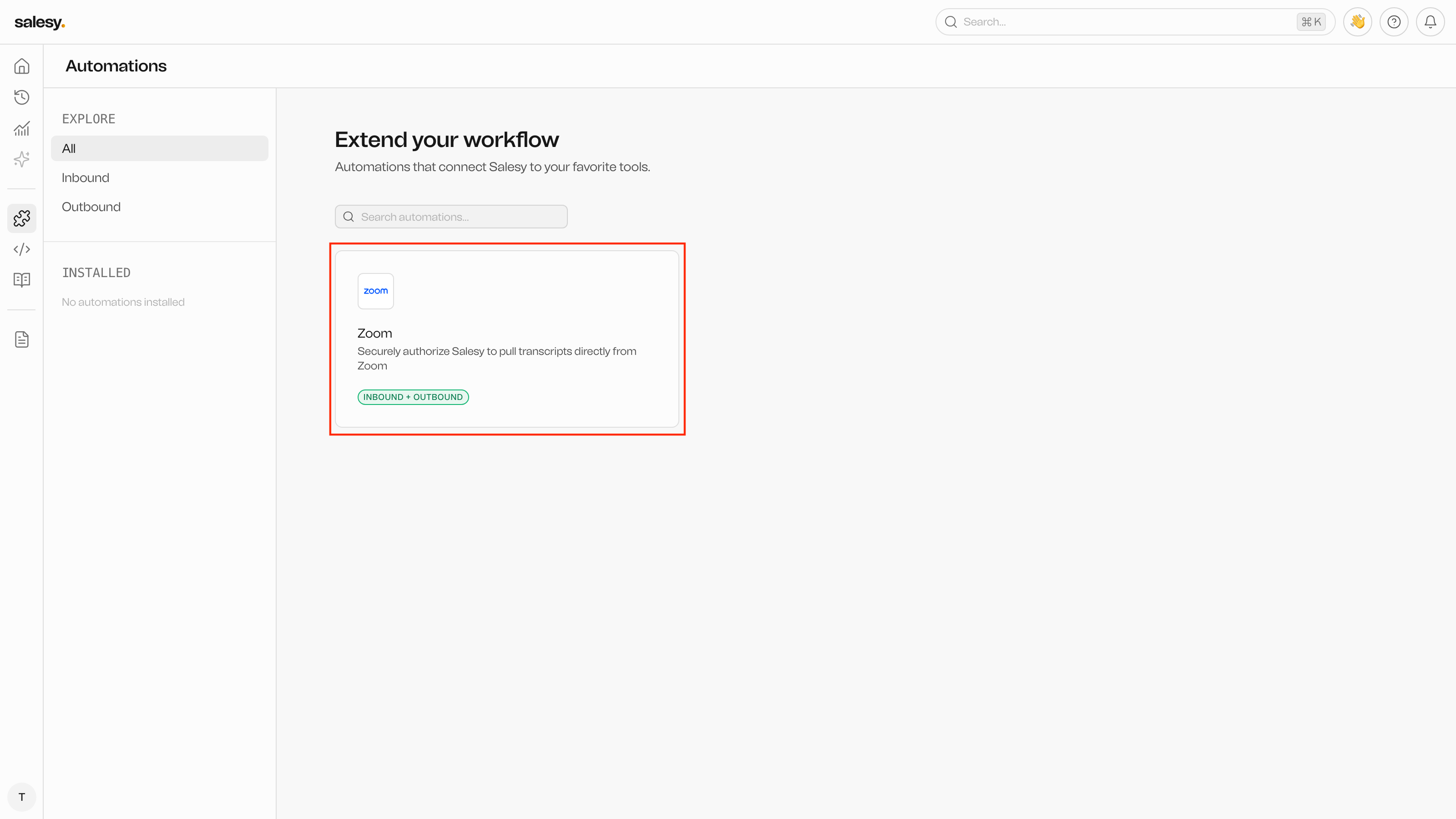 Salesy Automations page with the Zoom card and a Connect button